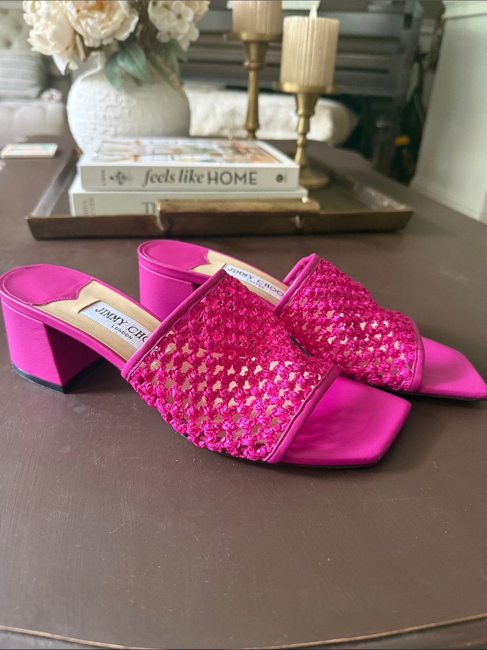Jimmy Choo Hot Pink Woven Slide Mules